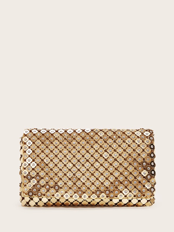 

Rhinestone Decor Metallic Clutch Bag, Gold