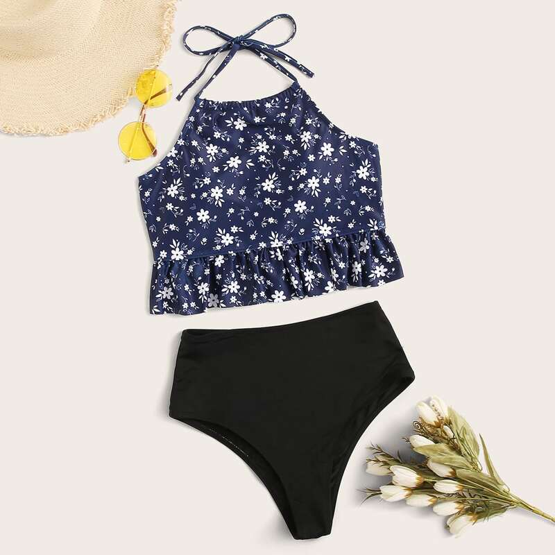 

Ditsy Random Print Top With High Waist Tankini, Multicolor