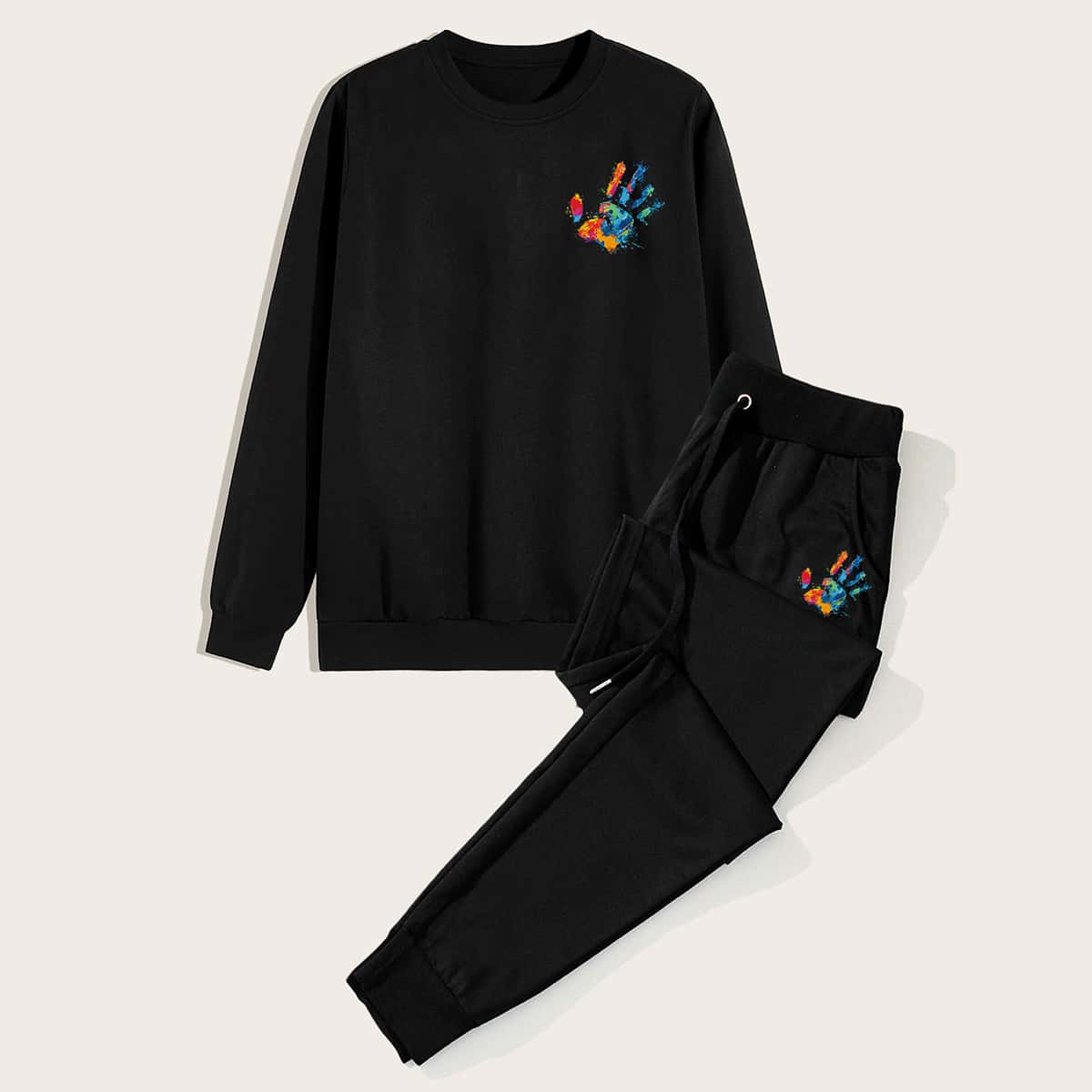 

Guys Hands Print Sweatshirt & Drawstring Sweatpants, Black