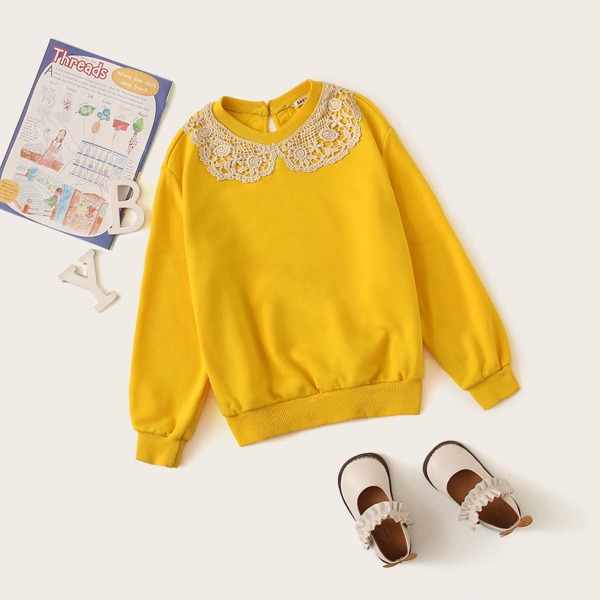 

Girls Contrast Guipure Lace Trim Pullover, Bright mustard yellow