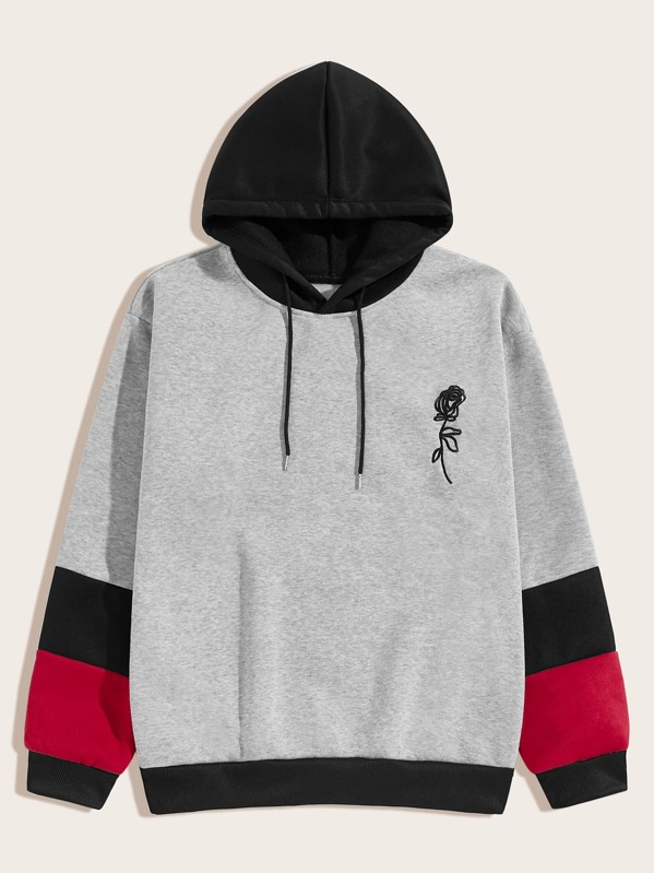 

Men Rose Embroidery Drawstring Hoodie, Grey