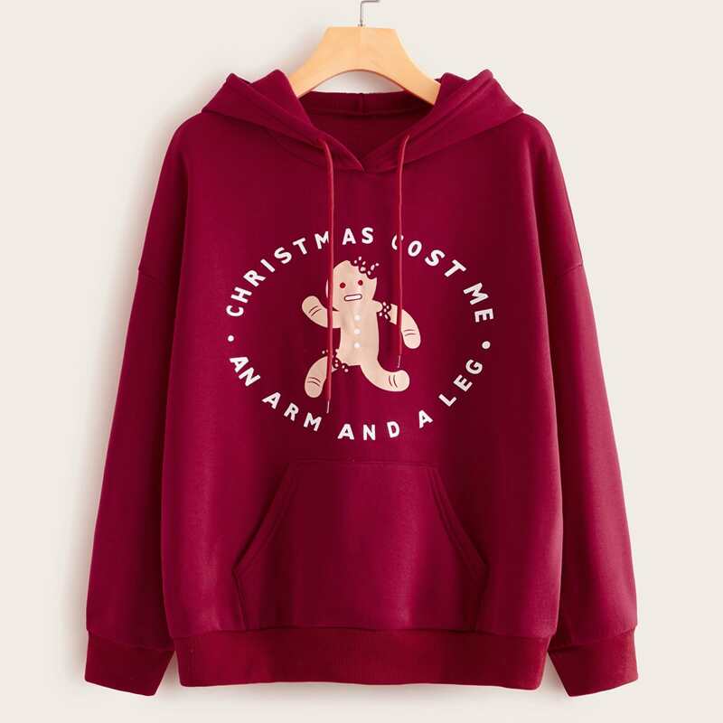 

Christmas & Letter Graphic Kangaroo Pocket Hoodie, Burgundy