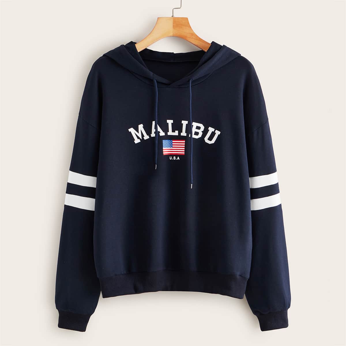 

Flag & Letter Graphic Varsity Striped Drawstring Hoodie, Navy