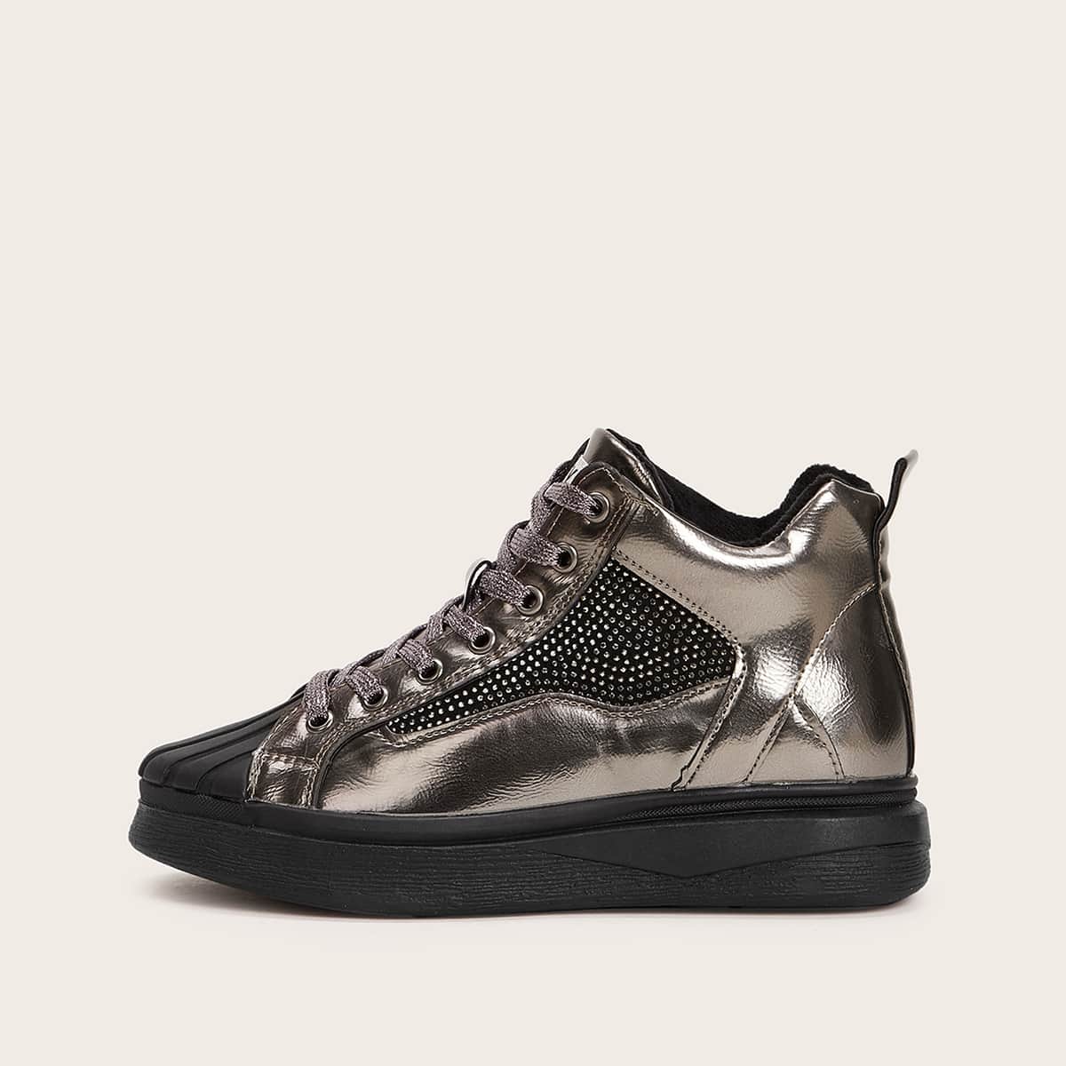 

Rhinestone Decor Lace-up Front Metallic Sneakers, Silver