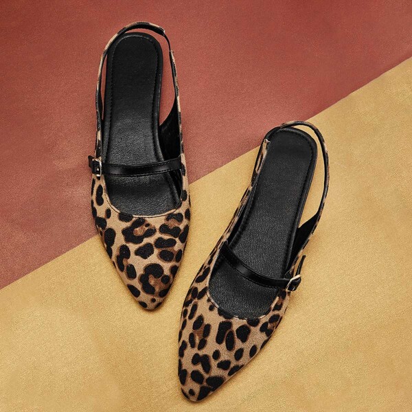 

Leopard Print Point Toe Slingback Flats, Brown