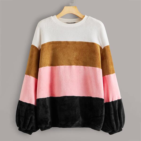 

Lantern Sleeve Colorblock Teddy Pullover, Multicolor