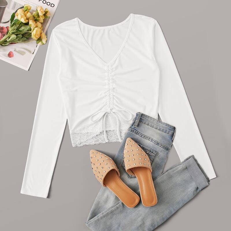 

Lace Detail Drawstring Crop Top, White
