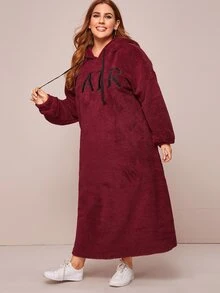 SHEIN Plus Drawstring Detail Letter Embroidered Teddy Hooded Dress - Burgundy - View 3