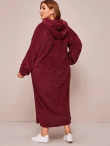 SHEIN Plus Drawstring Detail Letter Embroidered Teddy Hooded Dress - Burgundy - View 2