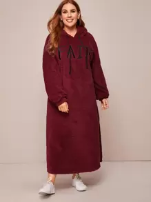 SHEIN Plus Drawstring Detail Letter Embroidered Teddy Hooded Dress - Burgundy - View 1
