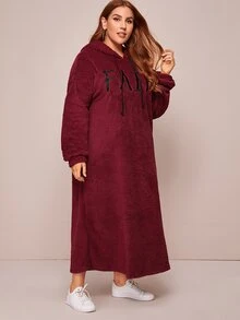 SHEIN Plus Drawstring Detail Letter Embroidered Teddy Hooded Dress - Burgundy - View 4