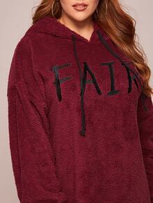 SHEIN Plus Drawstring Detail Letter Embroidered Teddy Hooded Dress - Burgundy - View 5