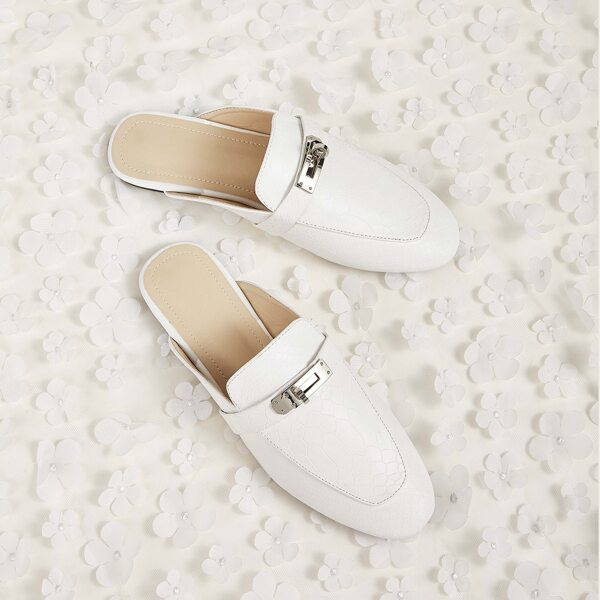 

Metal Decor Flat Mules, White