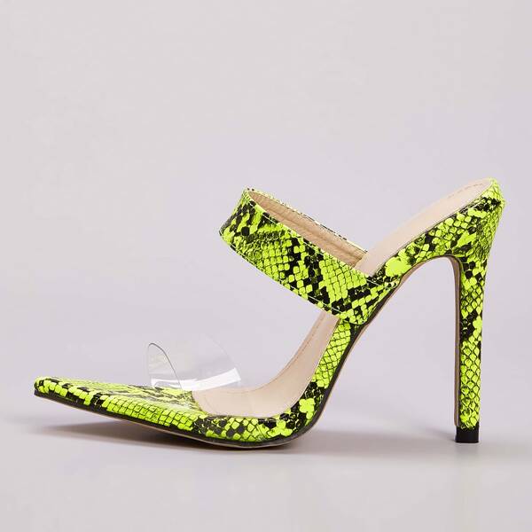 

Snakeskin Stiletto Heeled Mules, Green neon