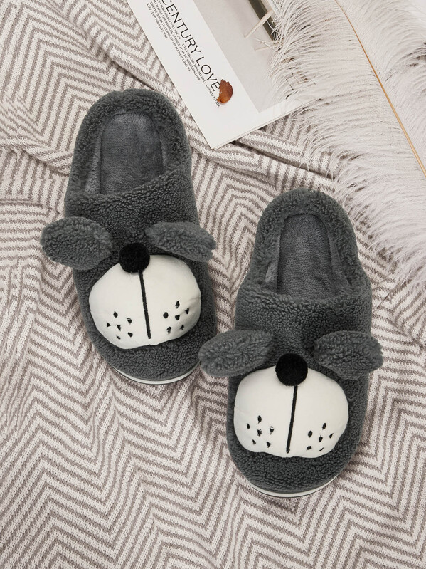 

Men Dog Design Fuzzy Slippers, Grey