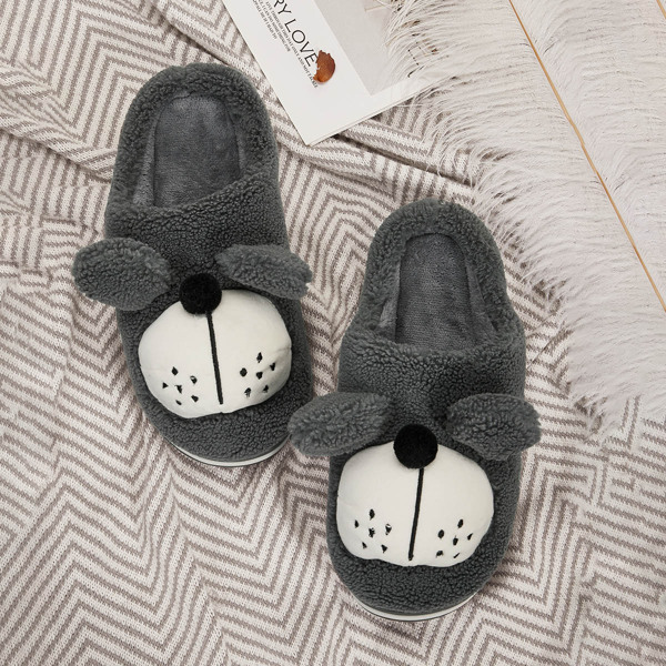 

Men Dog Design Fuzzy Slippers, Grey