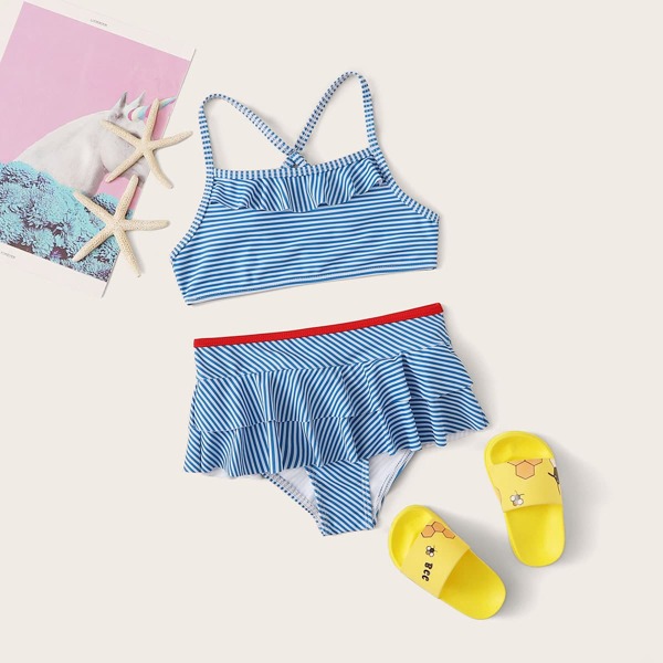 

Girls Striped Criss Cross Top With High Waist Bikini Set, Blue