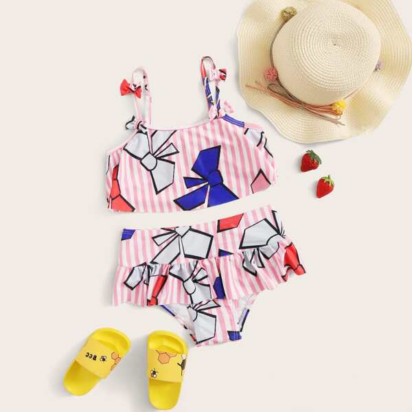 

Girls Cartoon Random Print Top With High Waist Bikini Set, Multicolor