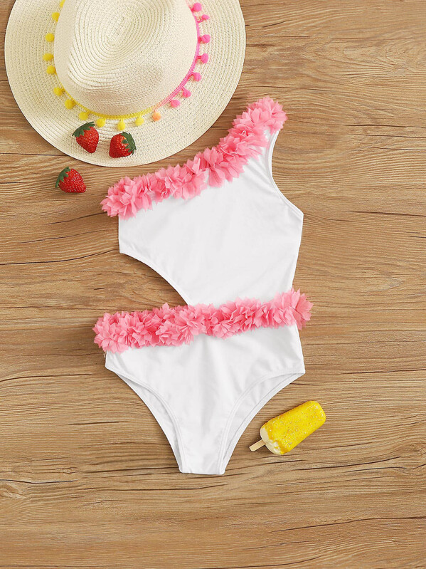 

Girls Flower Appliques Cut-out One Piece Swimwear, White