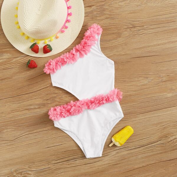 

Girls Flower Appliques Cut-out One Piece Swimwear, White