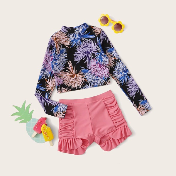 

2pcs Girls Floral Random Print Long Sleeve Top With Shorts Bikini, Multicolor