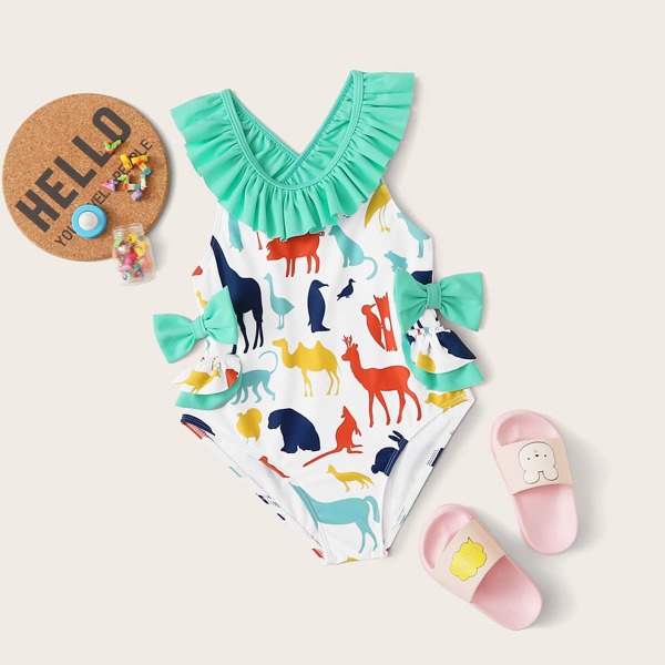 

Girls Cartoon Random Graphic One Piece Swimwear, Multicolor