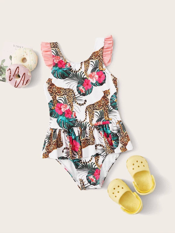 

Girls Tropical & Leopard Random Print Plume One Piece Swimwear, Multicolor