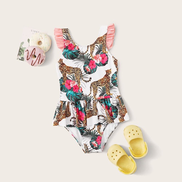 

Girls Tropical & Leopard Random Print Plume One Piece Swimwear, Multicolor
