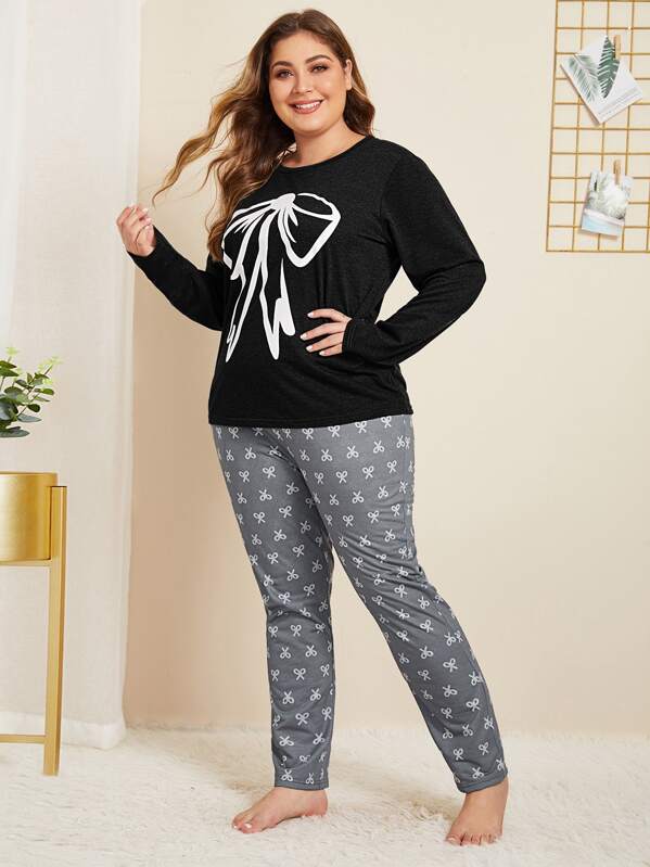 

Plus Bow Print Long Sleeve Pajama Set, Multicolor, Carol