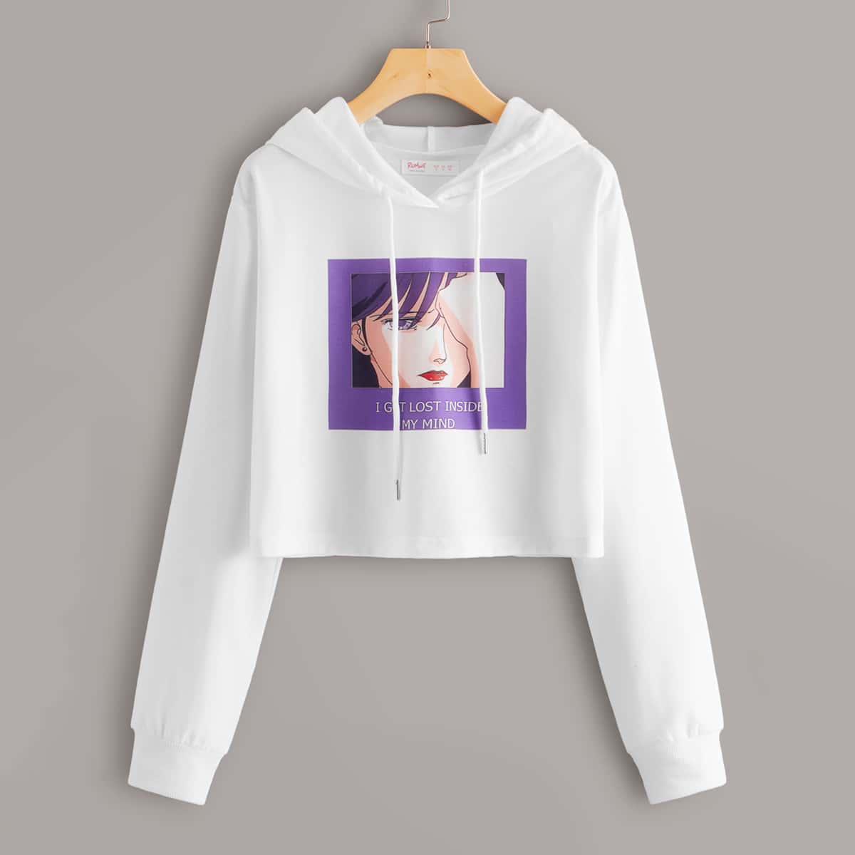

Slogan & Figure Graphic Drawstring Crop Hoodie, White