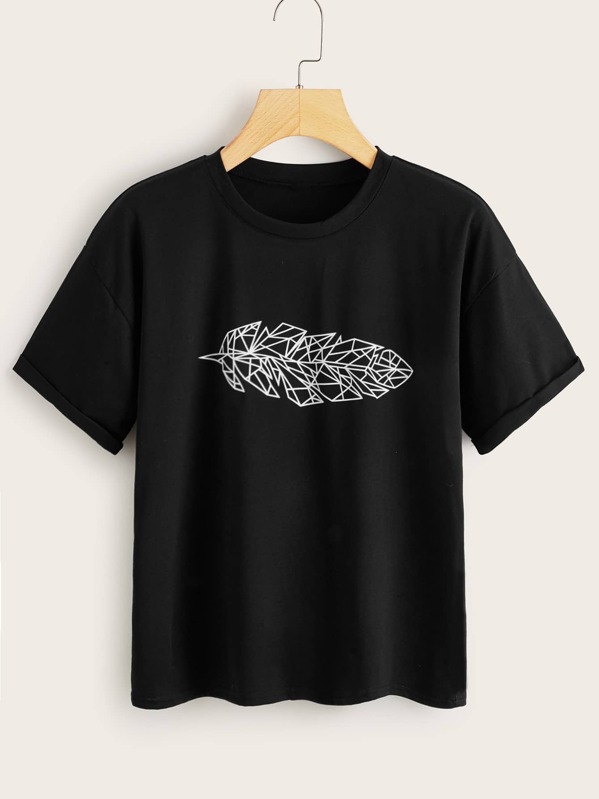 

Leaf Print Round Neck Tee, Black