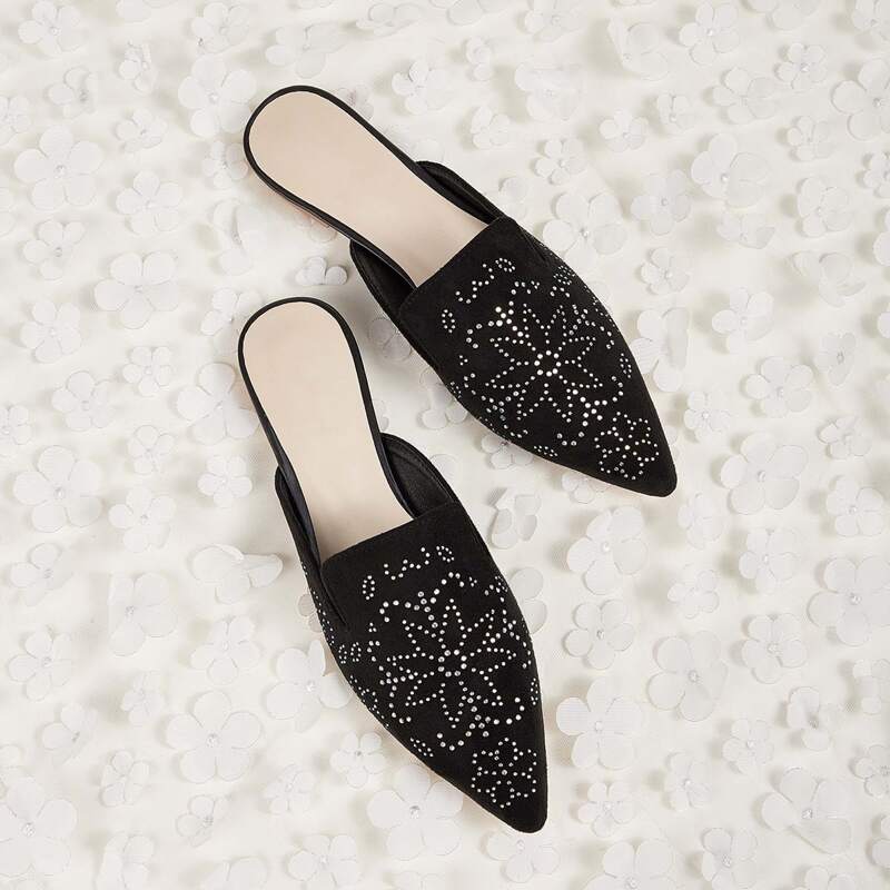 

Rhinestone Decor Point Toe Flat Mules, Black
