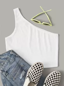 SHEIN Unity Rib-knit One-Shoulder Crop Top - White - View 3