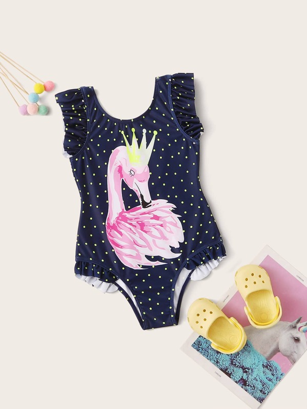 

Girls Flamingo & Polka Dot Frill Trim One Piece Swimwear, Navy