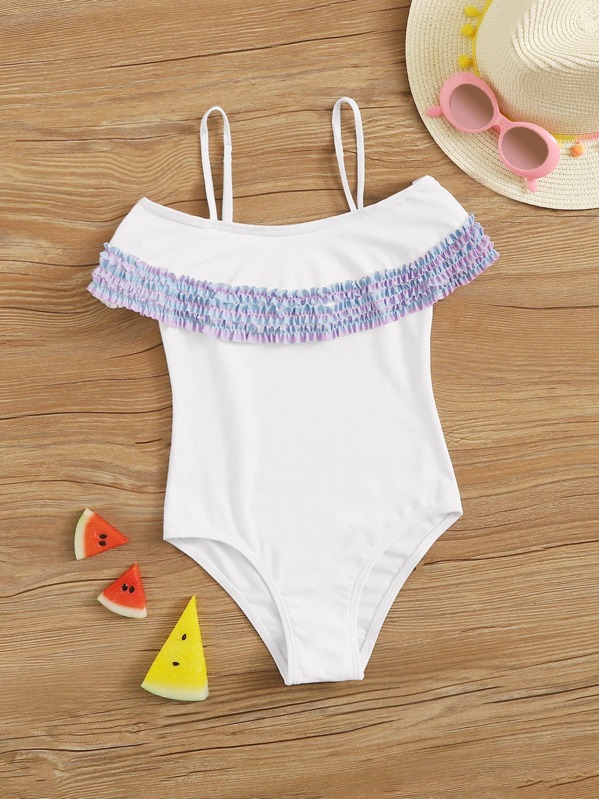 

Girls Smocked Hem One Piece Swimwear, White