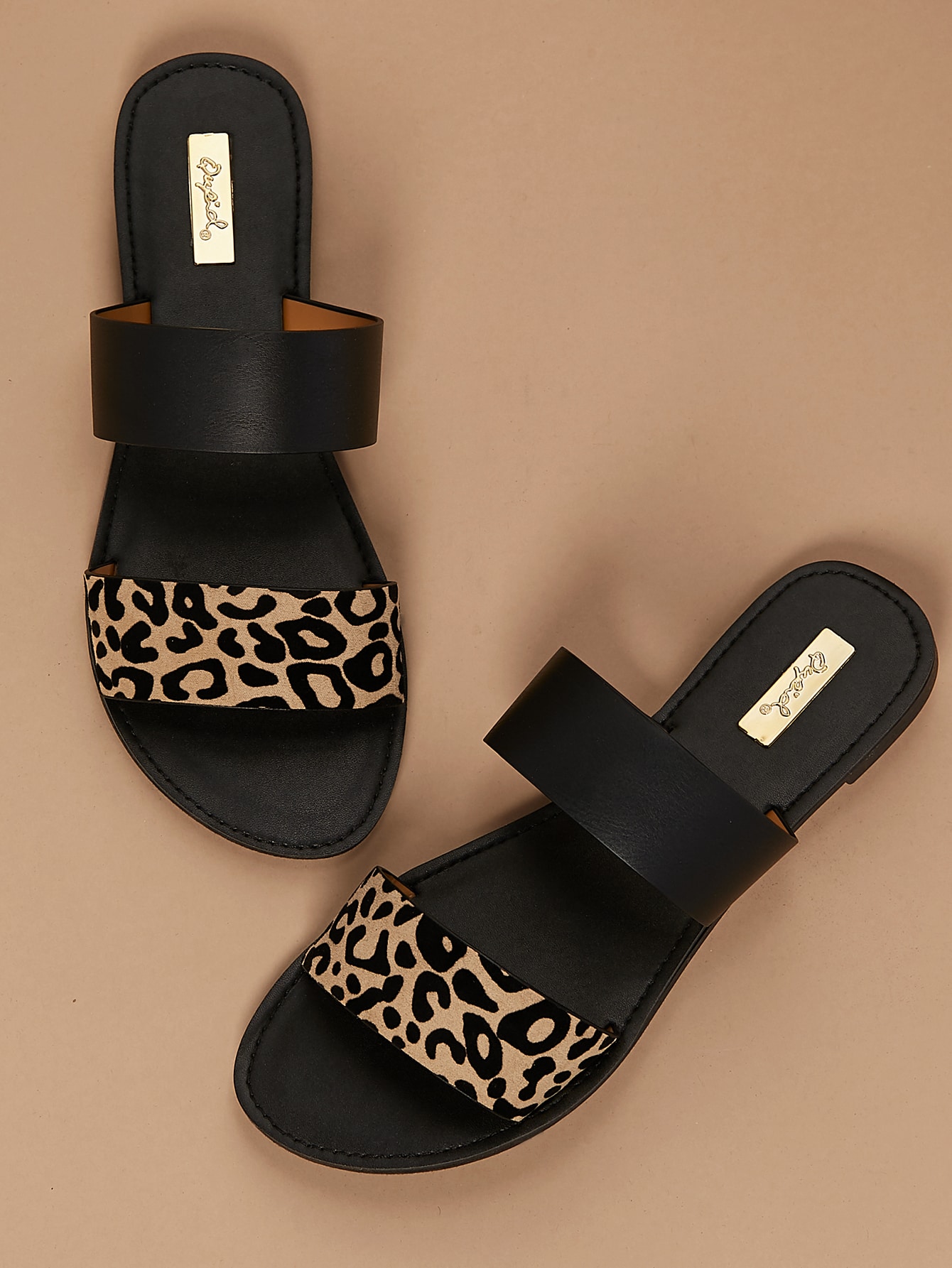 Open Toe Leopard Double Band Flat Slide Sandals SHEIN USA