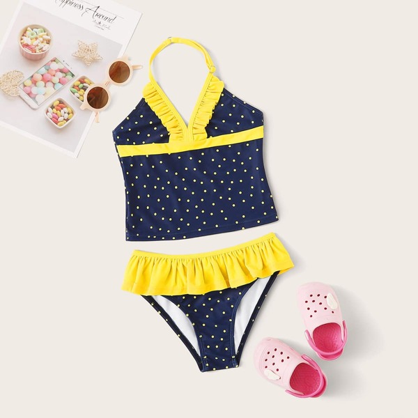 

Girls Polka Dot Ruffle Trim Tankini, Navy