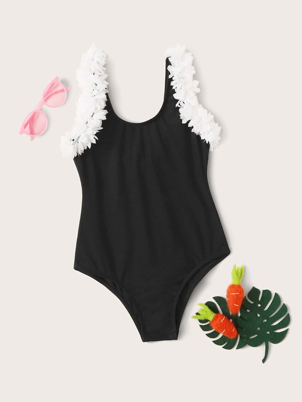

Girls Floral Appliques One Piece Swimwear, Black