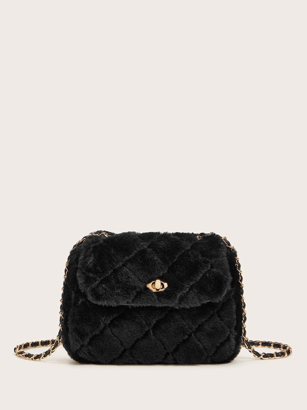 

Twist Lock Fluffy Chain Crossbody Bag, Black