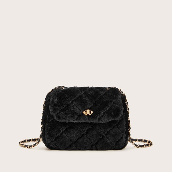 

Twist Lock Fluffy Chain Crossbody Bag, Black