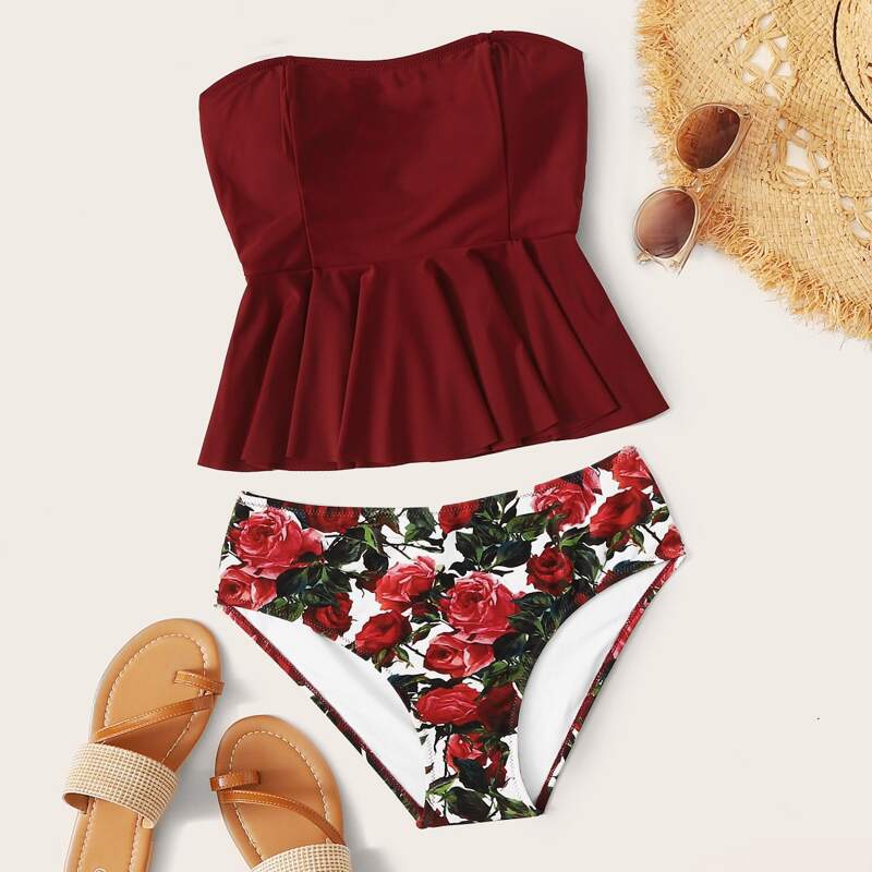 

Floral Random Print Ruffle Trim Bandeau Bikini Swimsuit, Multicolor
