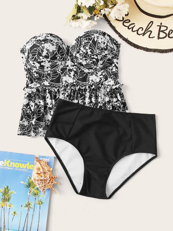 

Floral Random Print Bandeau With High Waist Tankini, Black and white