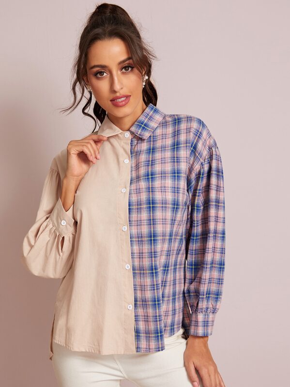 

Tie Back Button Up Plaid Spliced Blouse, Multicolor, Mary P.