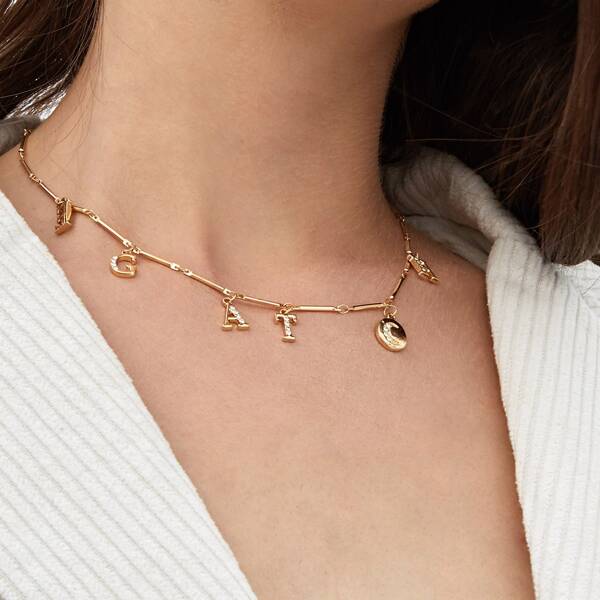 

1pc Rhinestone Engraved Letter Charm Necklace, Gold