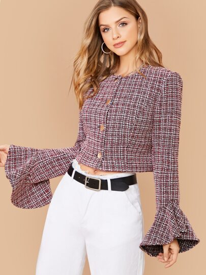 Button Front Flounce Sleeve Crop Tweed Jacket