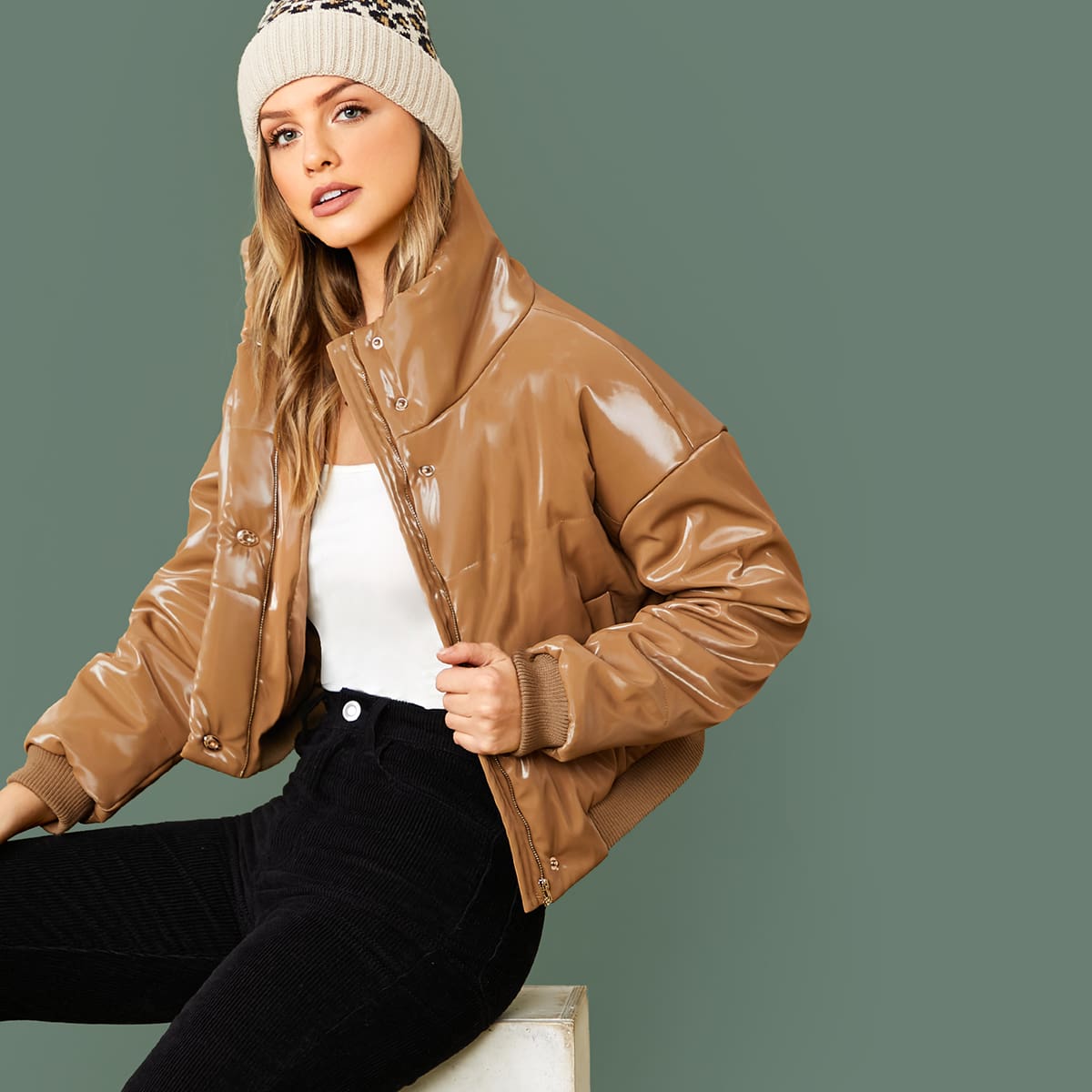 

Faux Leather Drop Shoulder Padded Jacket, Camel
