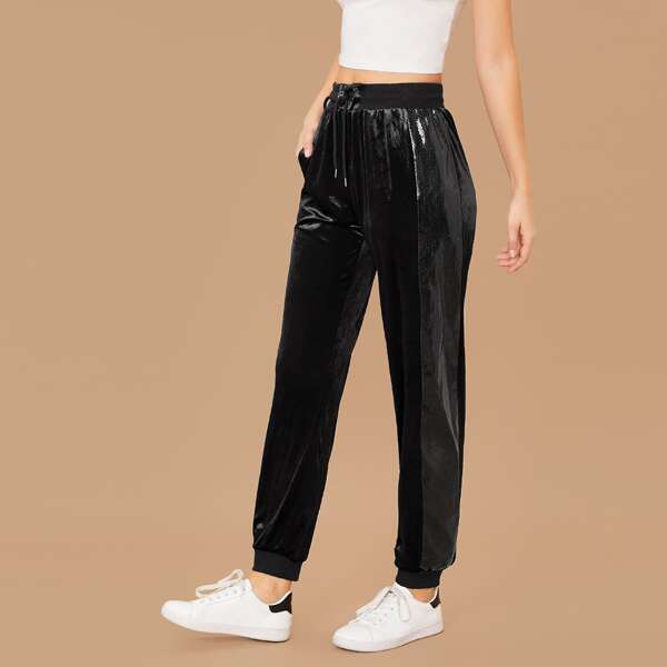 

Drawstring Waist Velvet Pants, Black