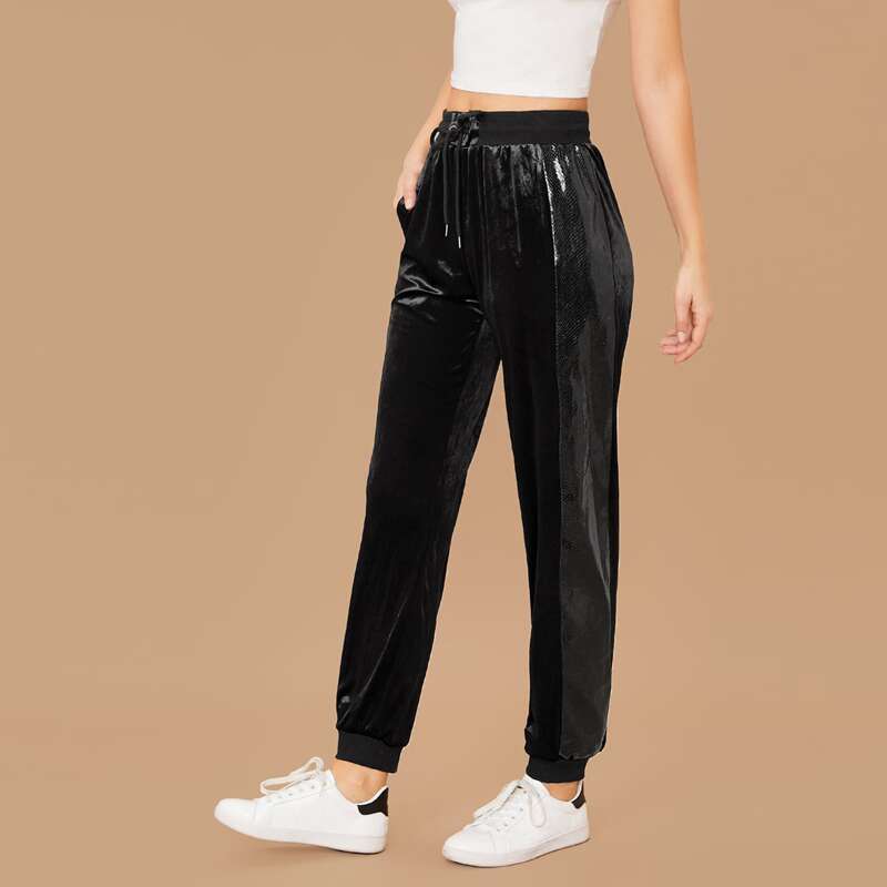

Drawstring Waist Velvet Pants, Black