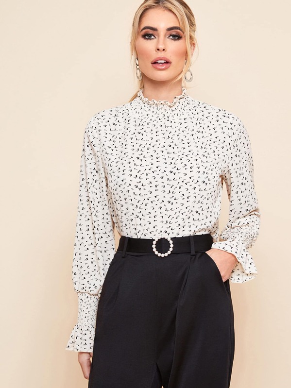 

Shirred Neck Flounce Sleeve Allover Print Blouse, Beige, Amy Neville