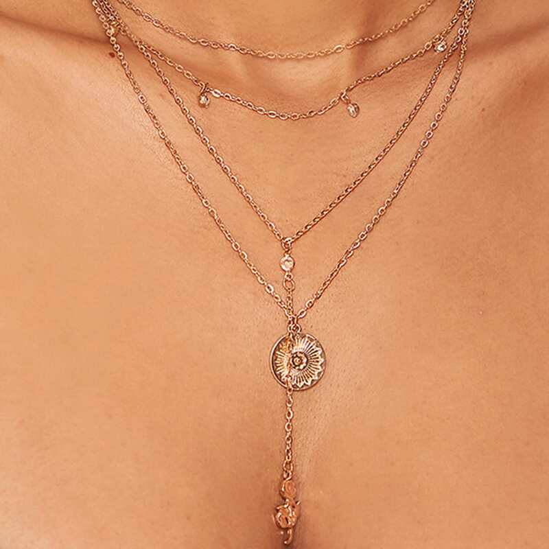 

1pc Round & Rose Charm Layered Necklace, Gold